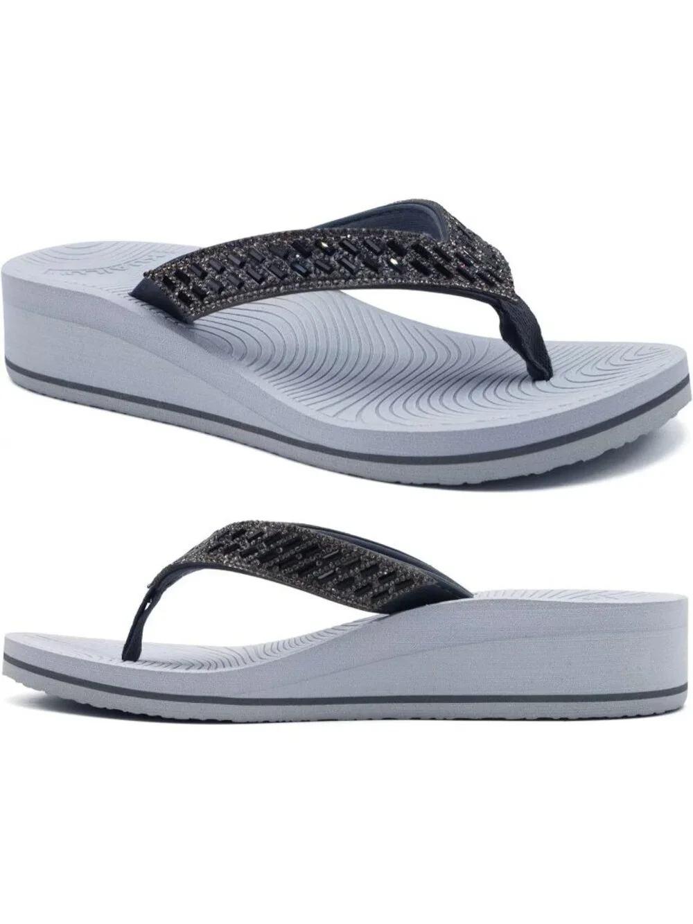 Women's Grey Comfortable Rhinestone Support Casual Flip Flops Stylish Sandals